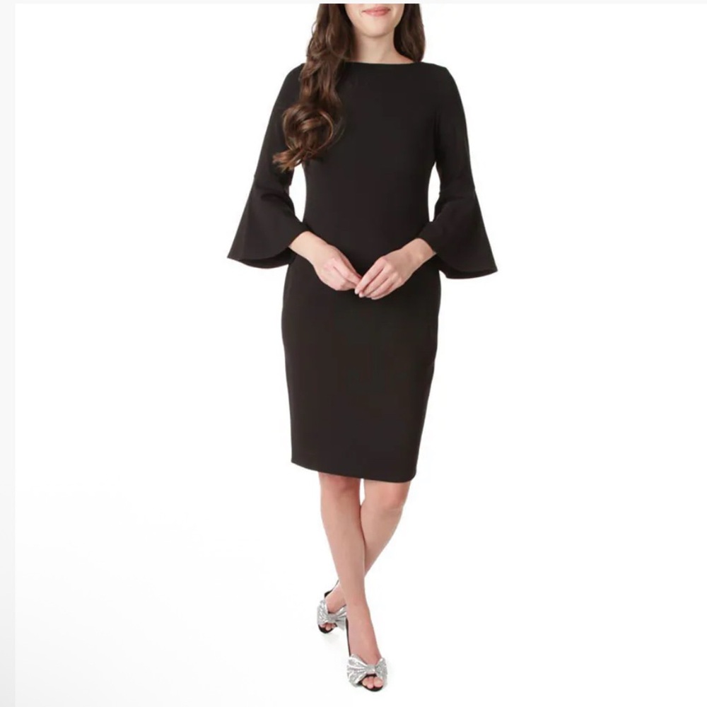 Calvin Klein Black Sheath Dress Bell Sleeves, Gold Zip (size 4) MSRP $128